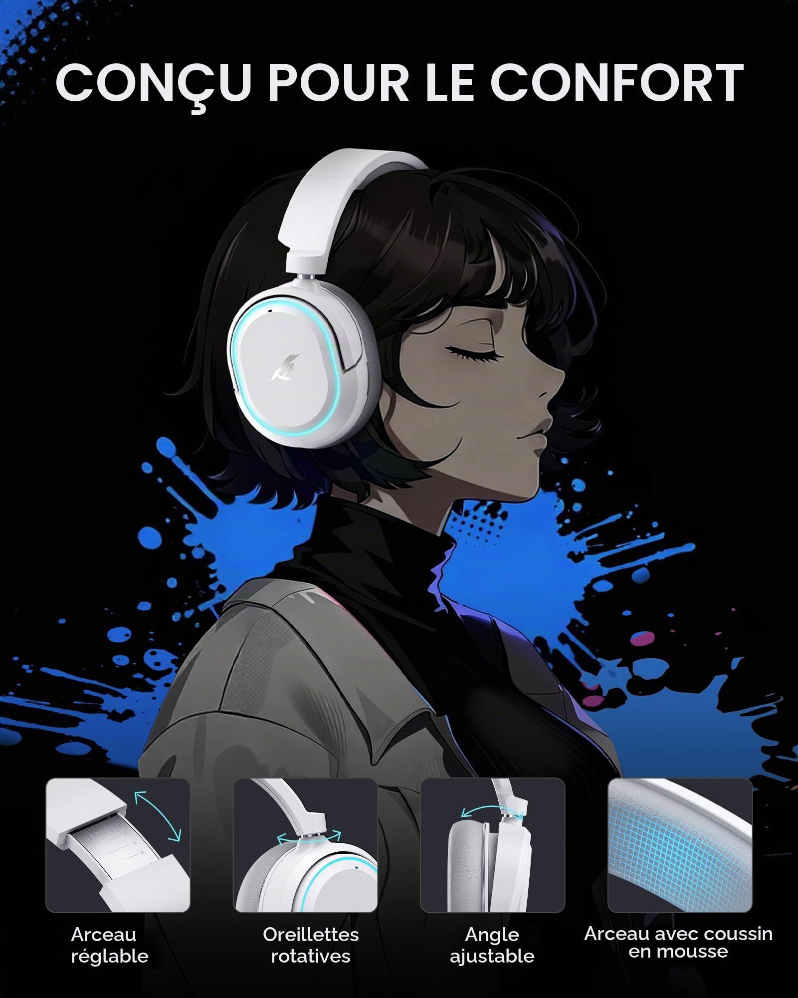Picun G2 Casque de gaming sans fil, Over-Ear 7.1 Virtual Surround Sound, 2,4 GHz/Bluetooth 5.4/Wired, 5ms Ultra-Low Latency, 100H Battery, ENC Noise-Canceling Mic, RVB, pour PC PS5 PS4 Switch (gris)
