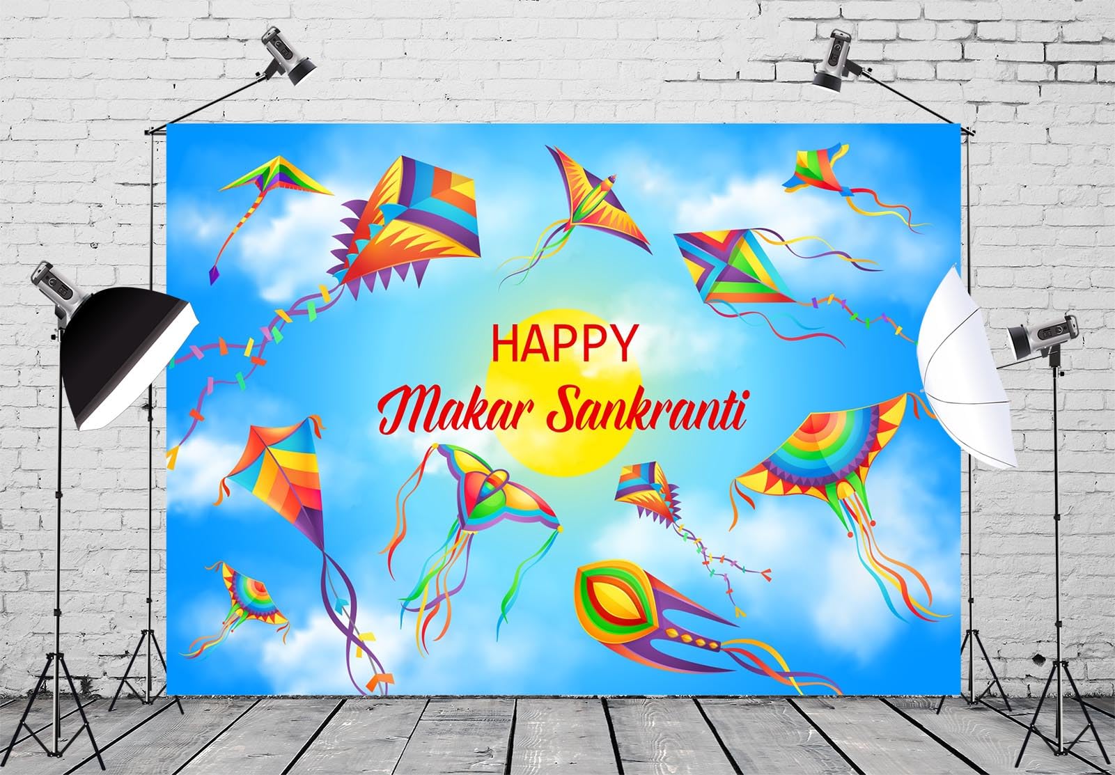 BELECO 5x4ft Fabric Happy Makar Sankranti Backdrop Flying Kites Under Blue Sky, Indian Harvest Festival Background India and Nepal Hinduism Religion Holiday Banner Party Decorations Photo Props