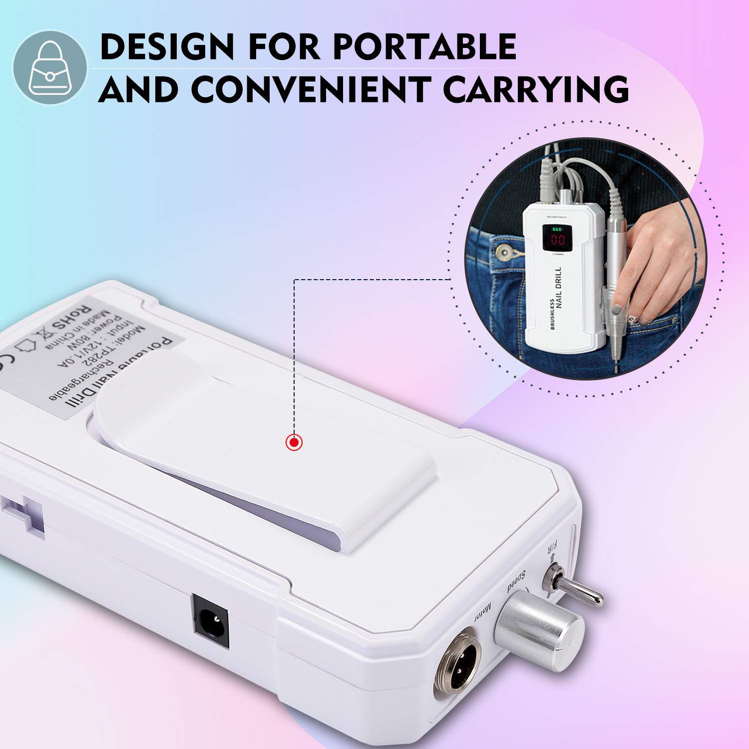 Professional Nail Drill Machine, IMENE 35,000RPM Portable Brushless Nail Drill Rechargeable E-File Nail Drills Perfect for Acrylic, Gel, Natural Nails（White）