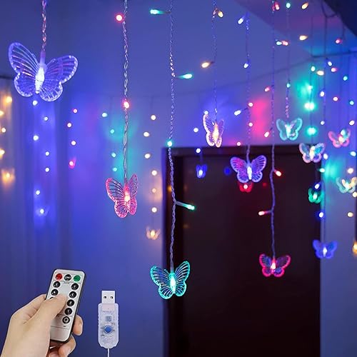 Vista 31 de Butterfly Curtain Lights 13ft 96 LED Twinkle Fairy Lights 8 Modes String Lights with Remote, Butterfly Hanging Decoration for Bedroom Dorm Wall