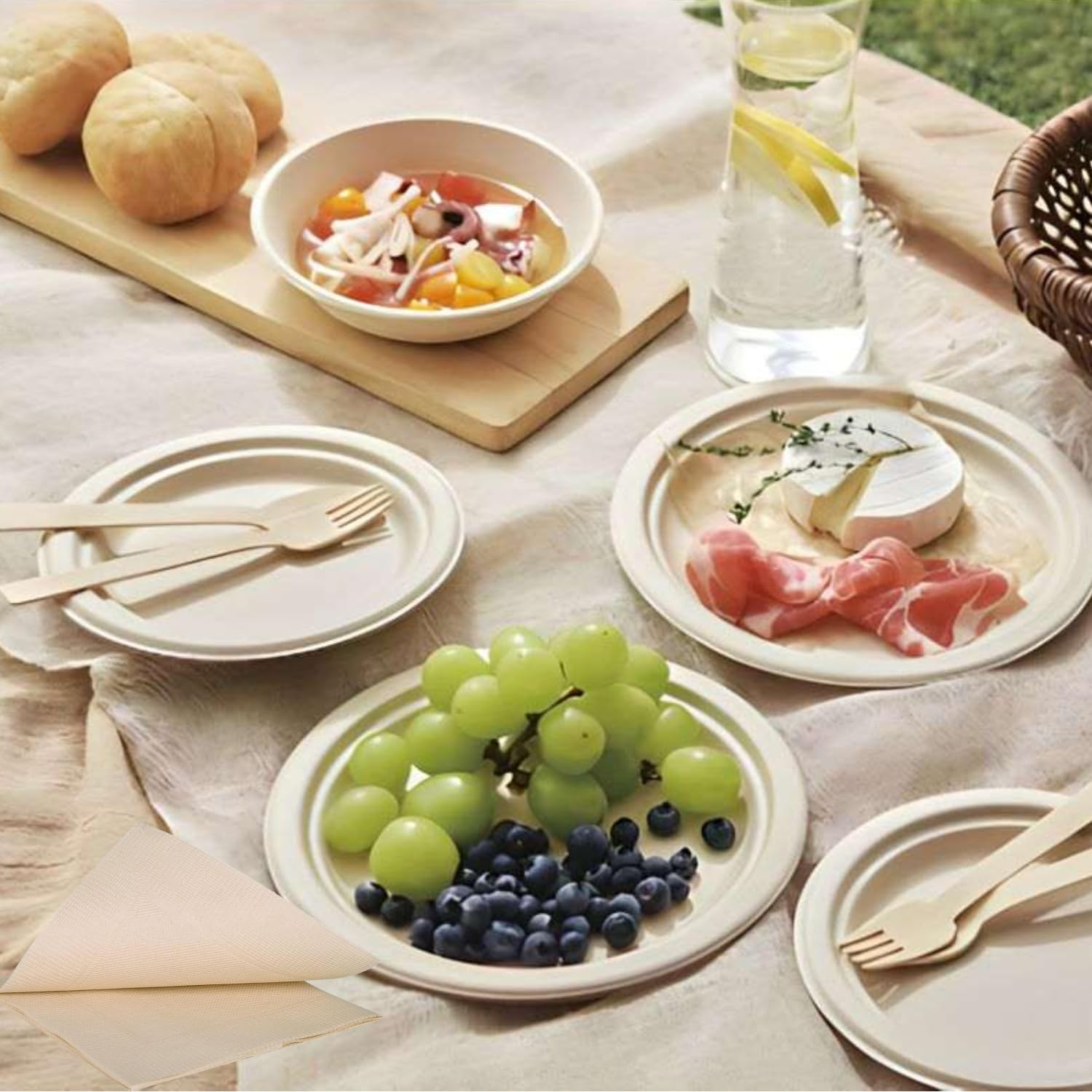 AevumPure 240Pcs Compostable Bamboo Paper Plates Set,Disposable Eco Friendly Utensils,40Sets Dinnerware Kit(10&7in Biodegradable Plates,Wooden Forks,Spoons,Knives,Thicked Napkins) For Birthday/Party