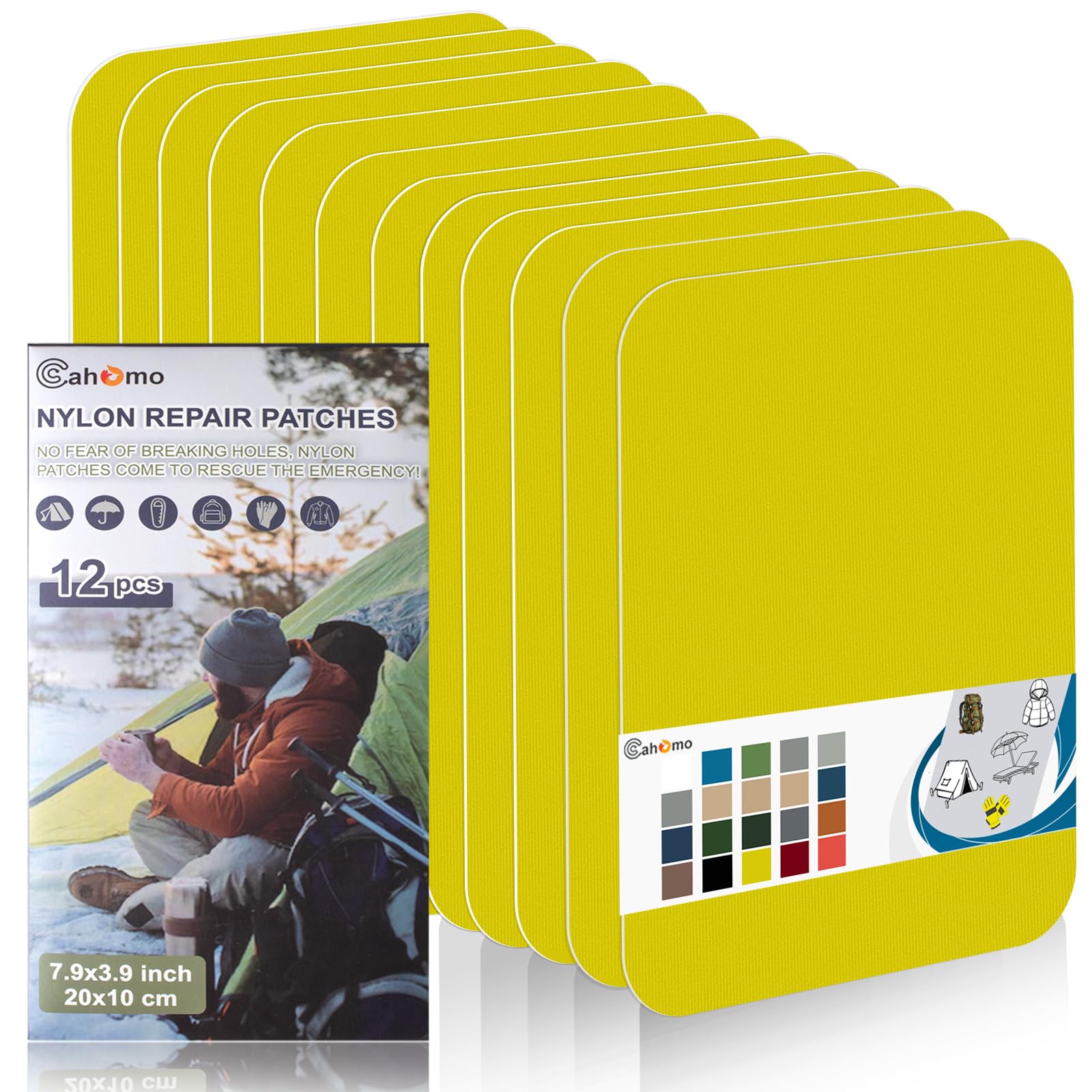 Cahomo Nylon Repair Patches 20x10 cm 12 pcs Nylon Repair Tape Nylon Fabric Patch Self Adhesive Outdoor Camping Gear Nylon Repair Kit for Tent, Umbrella, Down Jackets, Sleeping Bag, Knapsack （Yellow）