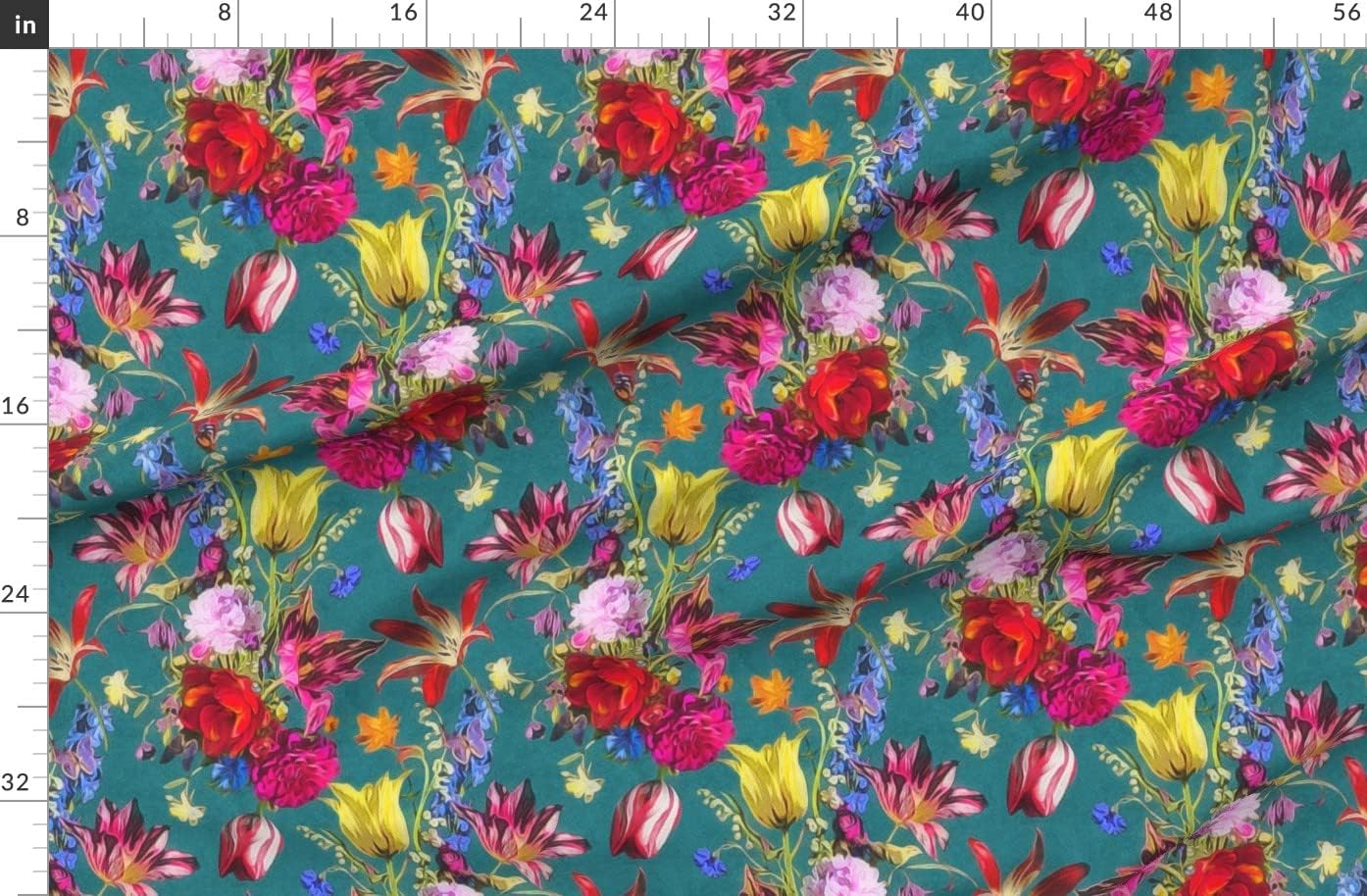 Spoonflower Fabric - Bright Maximalist Floral Chintz Teal Flowers Vintage Printed on Organic Cotton Sateen Fabric by The Yard - Sewing Quilting Apparel Home Decor