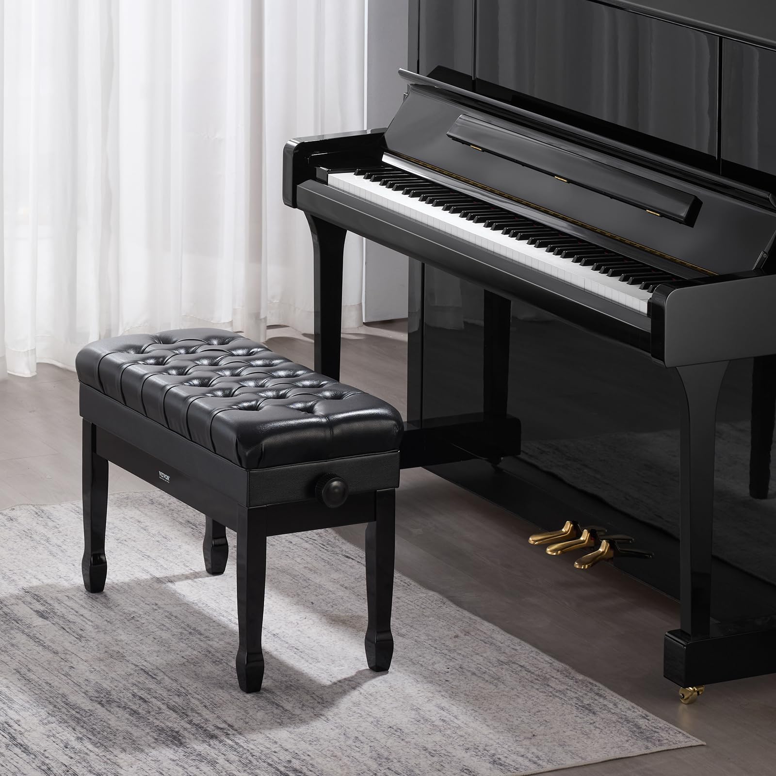 VEVOR Ławka fortepianowa 750 x 360 x 515 mm Regulowana wysokość taboret fortepianowy, wyściełana poduszka, drewniana ławka do pianina, przegroda ławki do przechowywania książek muzycznych, sypialnia