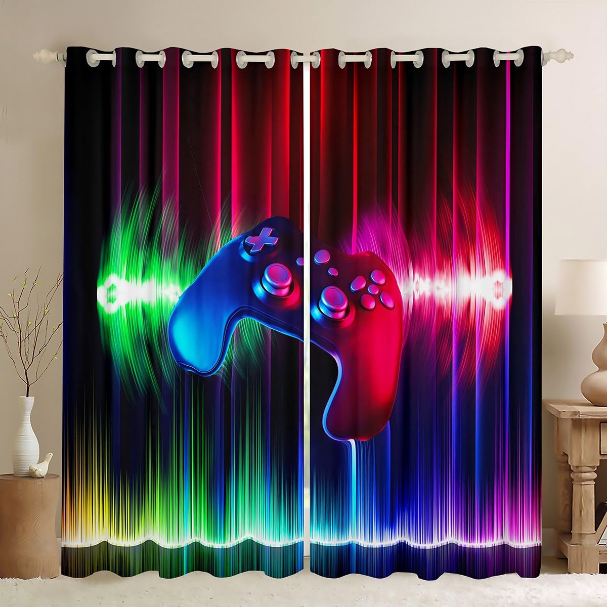 Gamer Thermal Insulated Drapes Rock Music Theme Curtains for Bedroom Gaming Curtain for Boys Teens Video Game Controller Window Treatment Red Blue W46*L54