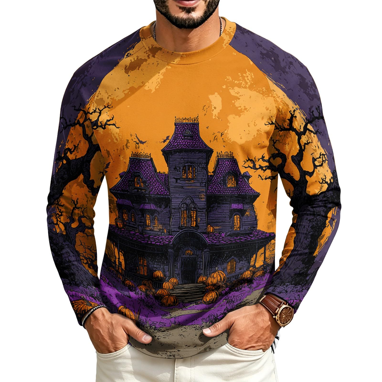 Halloween Crew Neck Shirts Costumes for Men Long Sleeve,02-Purple M — image 1