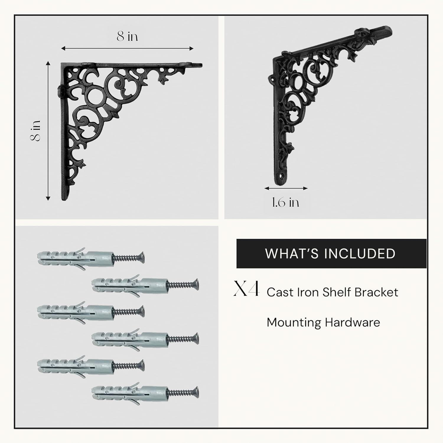 NACH Decorative Shelf Brackets, 4 Pack of 8 x 1.6 x 8 inch, Black Cast Iron Shelf Support Bracket - Metal Shelf Brackets for Wall - Victorian Shelf Bracket