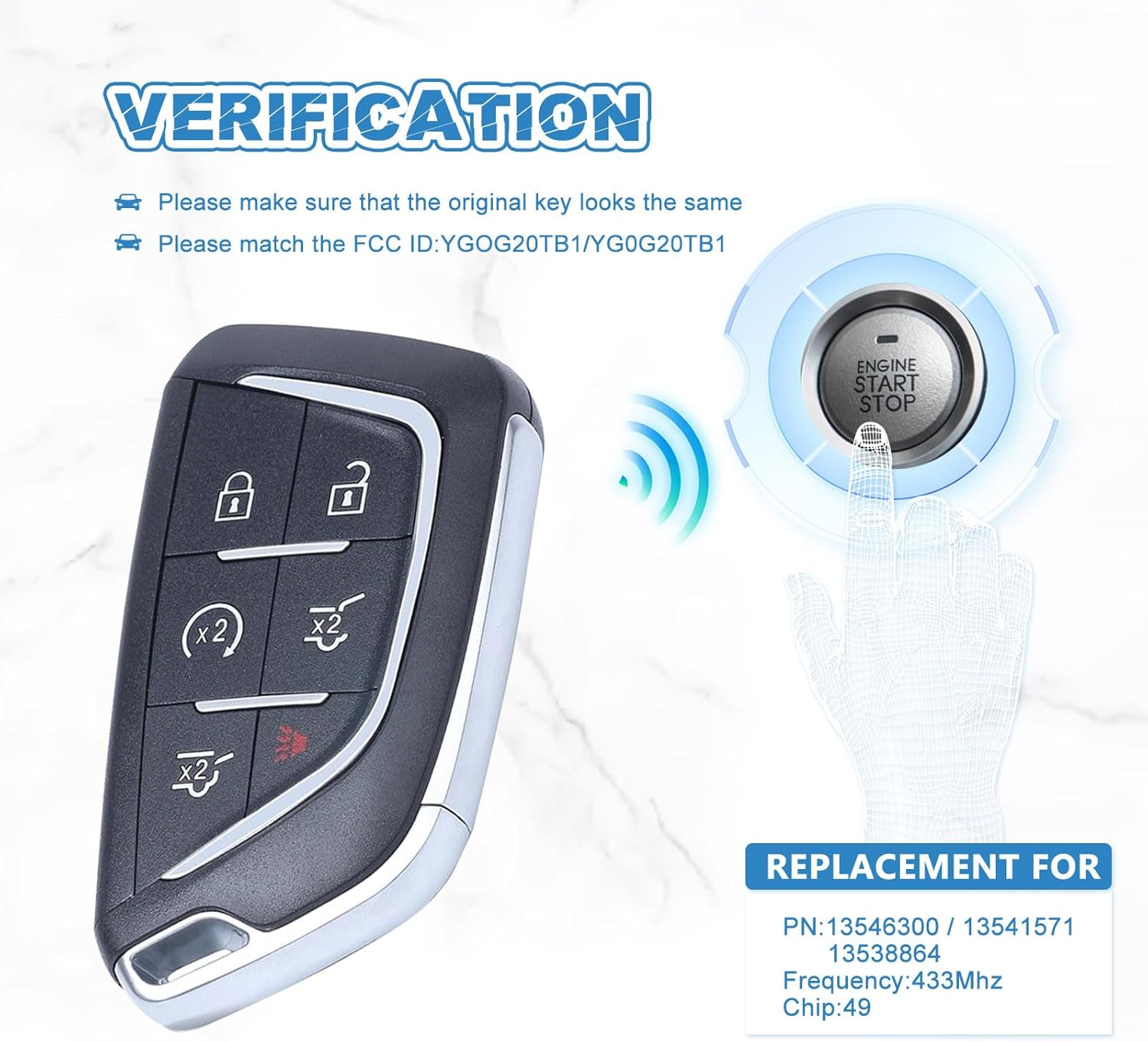 Smart Key for Cadillac 2021-2025 Escalade, NorthAmerica Remote 6-Button Proximity Key Fob Replacement for Cadillac Escalade YGOG20TB1
