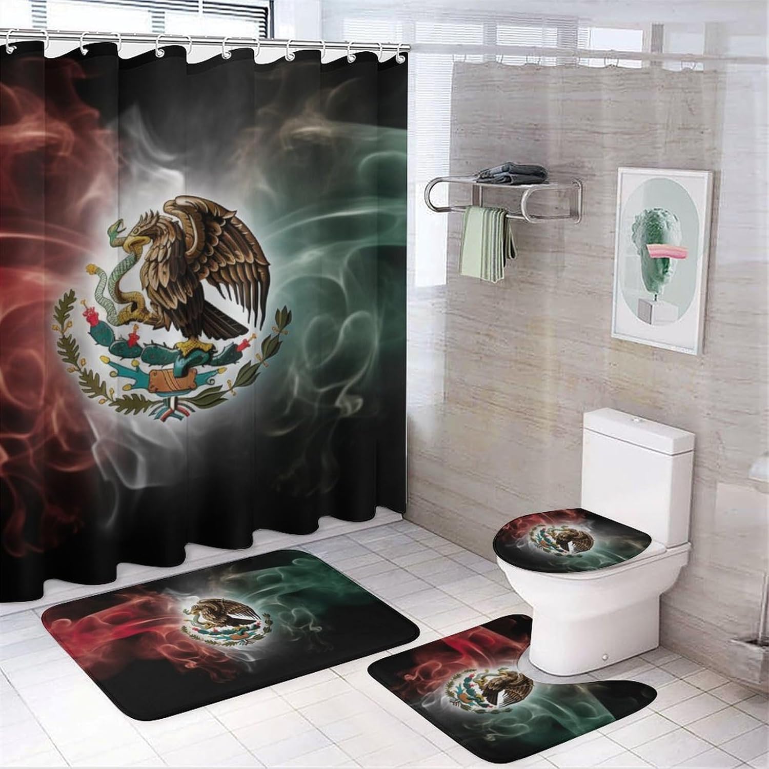 Mexican Flag 4 Pcs Bathroom Shower Curtain Set,Bathroom Sets with Rugs (Bath Mat,U Shape and Toilet Lid Cover Mat), Bathroom Decor Set