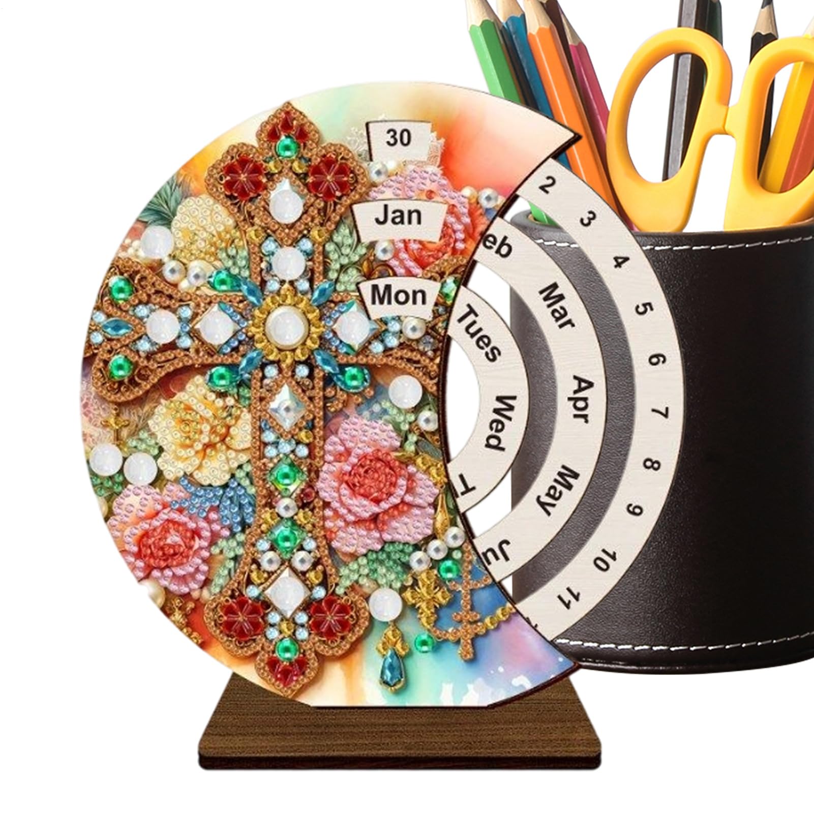 Calendario de madera 3D perpetuo artesanal con cristales para mesa 8