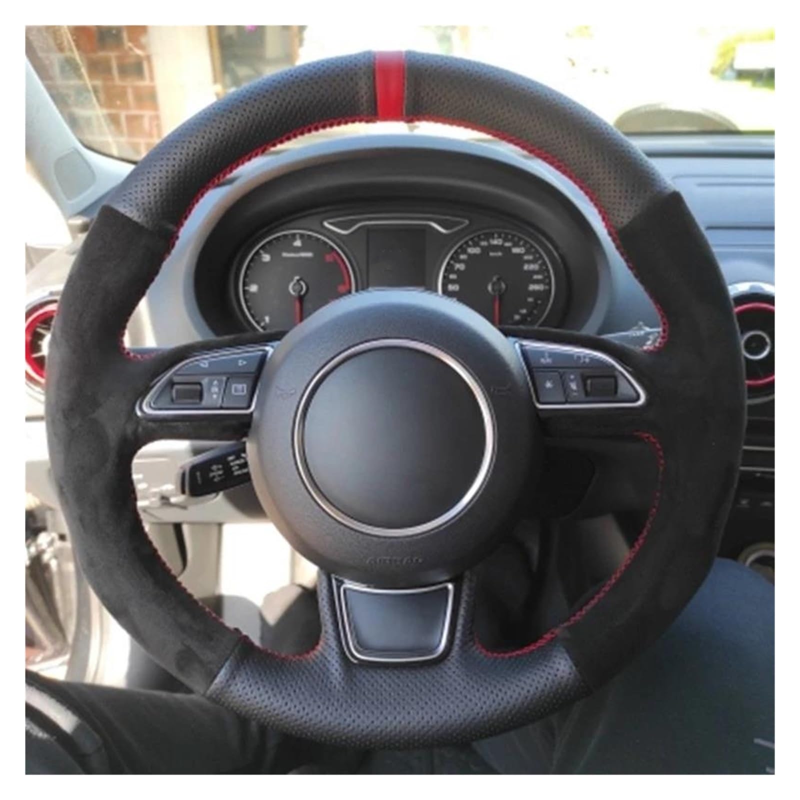 Antypoślizgowy pokrowiec na kierownicę samochodu ze skóry zamszowej do A3 8V A1 8X do Sportback A4 B8 do Avant A8 D4 A6 C7 A7 G8 A5 8T Q3 8U Q5 osłona na kierownicę czarna nić (biała nić)