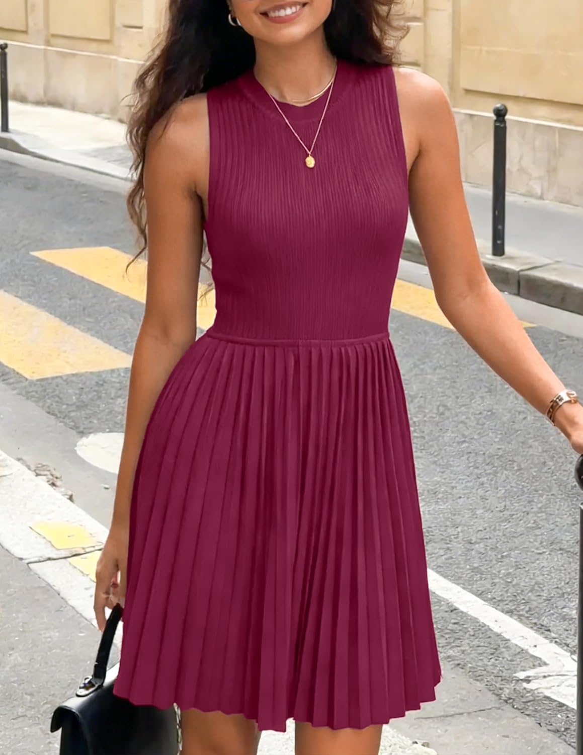 ZESICA Women's Summer Sleeveless Mini Dress 2026 Crewneck A Line Knit Pleated Swing Business Casual Work Party Short Dresses - Image 2