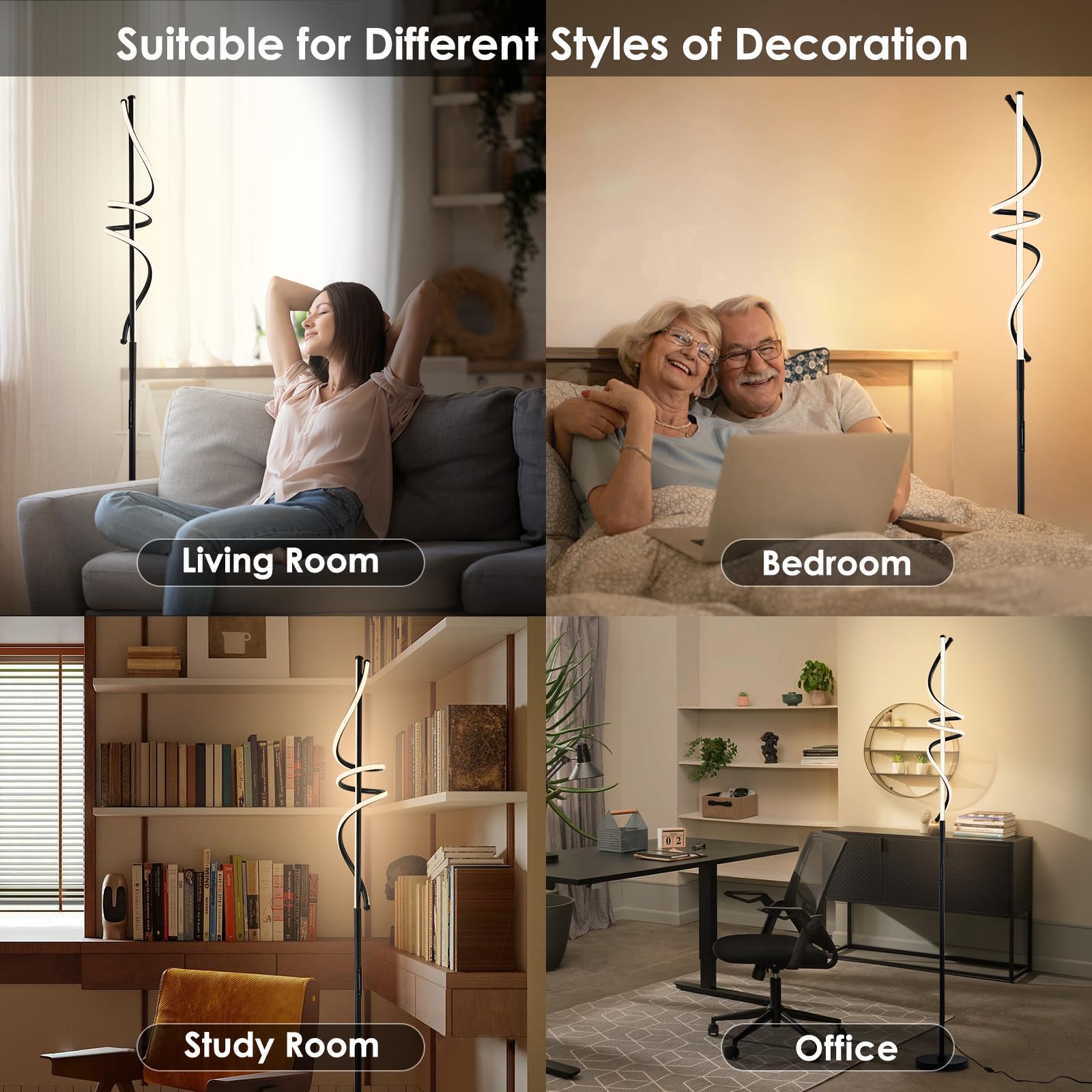 Lampada da Terra Salotto LED 48W Dimmerabile Moderno Piantana con Telecomando e Controllo Tattile 3 Temperature di Colore Spirale Design 175CM Lampada da Lettura Per Camera da Letto Nero