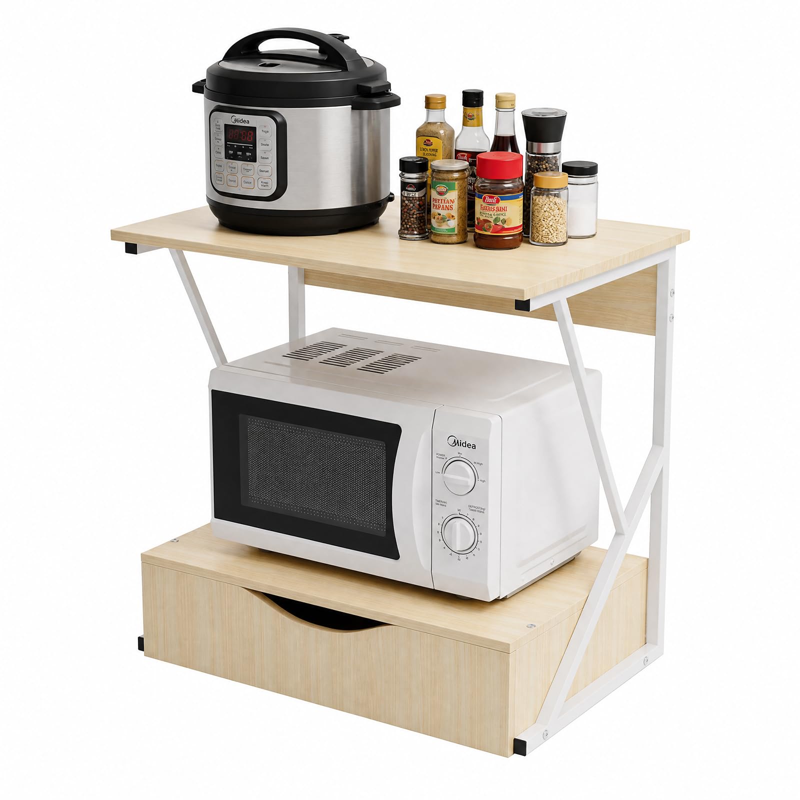 Mensola per Microonde Struttura in Metallo con Mensola in Legno MDF e Cassetto Organizzatore Porta Utensili da Cucina Design Moderno, 54x35x50 cm-Acero Bianco