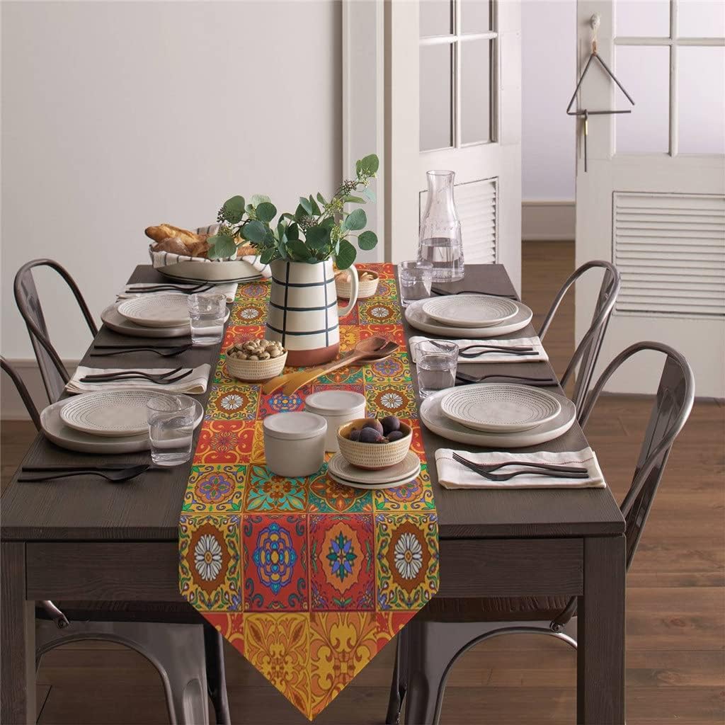 Retro Tile Pattern Image Table Runner Christmas Decorations for Home Table Cloth for Wedding Party Home Decor(36x183cm)