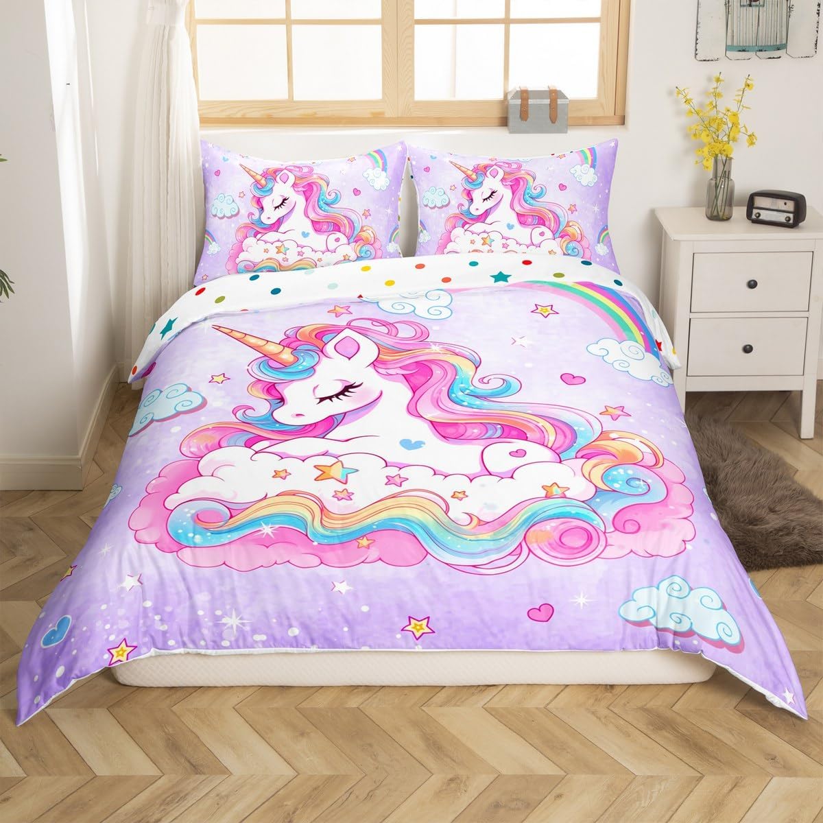 Feelyou Unicorn Bedding Set Twin Size Kids Rainbow Cloud Comforter Cover Set for Boys Girls Teens Dreamy Horse Printed Duvet Cover Purple Galaxy Magical Animal Decor Bedspread Cover Room Decor