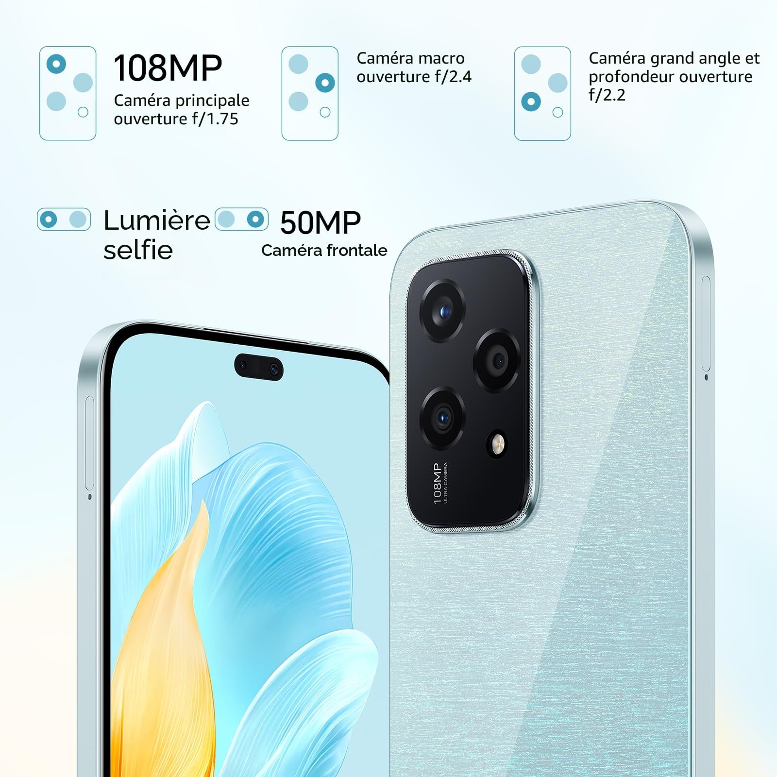 Honor 200 Lite 5G Smartphone,Triple Caméra 108MP+5MP+2MP,MediaTek Dimensity 6080(6nm),8Go+256Go Téléphones Portables,AMOLED 6,7",4500mAh/Double SIM/NFC/GPS,MagicOS 8.0/Android 14,Bleu