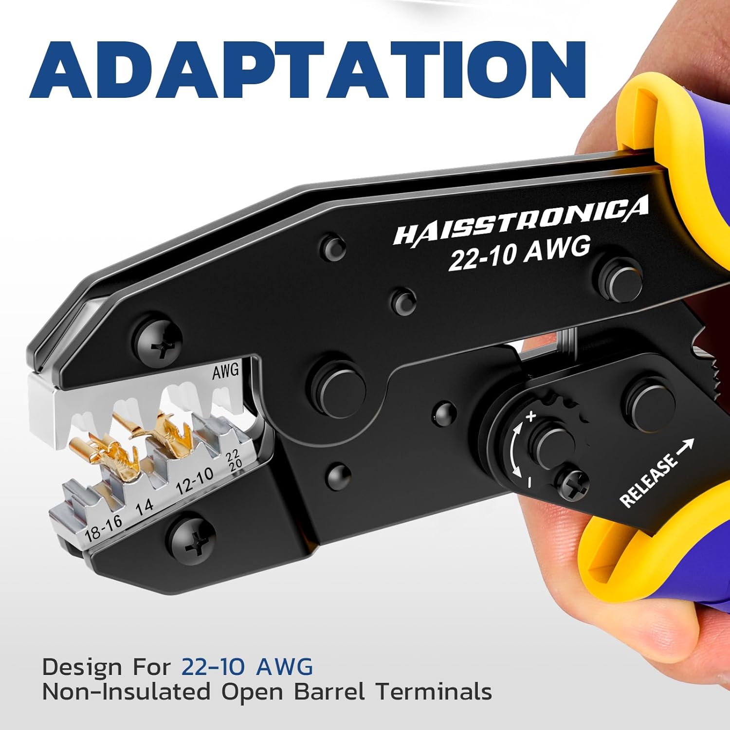 Haisstronica Crimping Tool for Non-Insulated Open Barrel Terminals Receptacles,AWG 22-10 Ratchet Wire Crimper Tool,Wire Terminal Crimper HS-5327