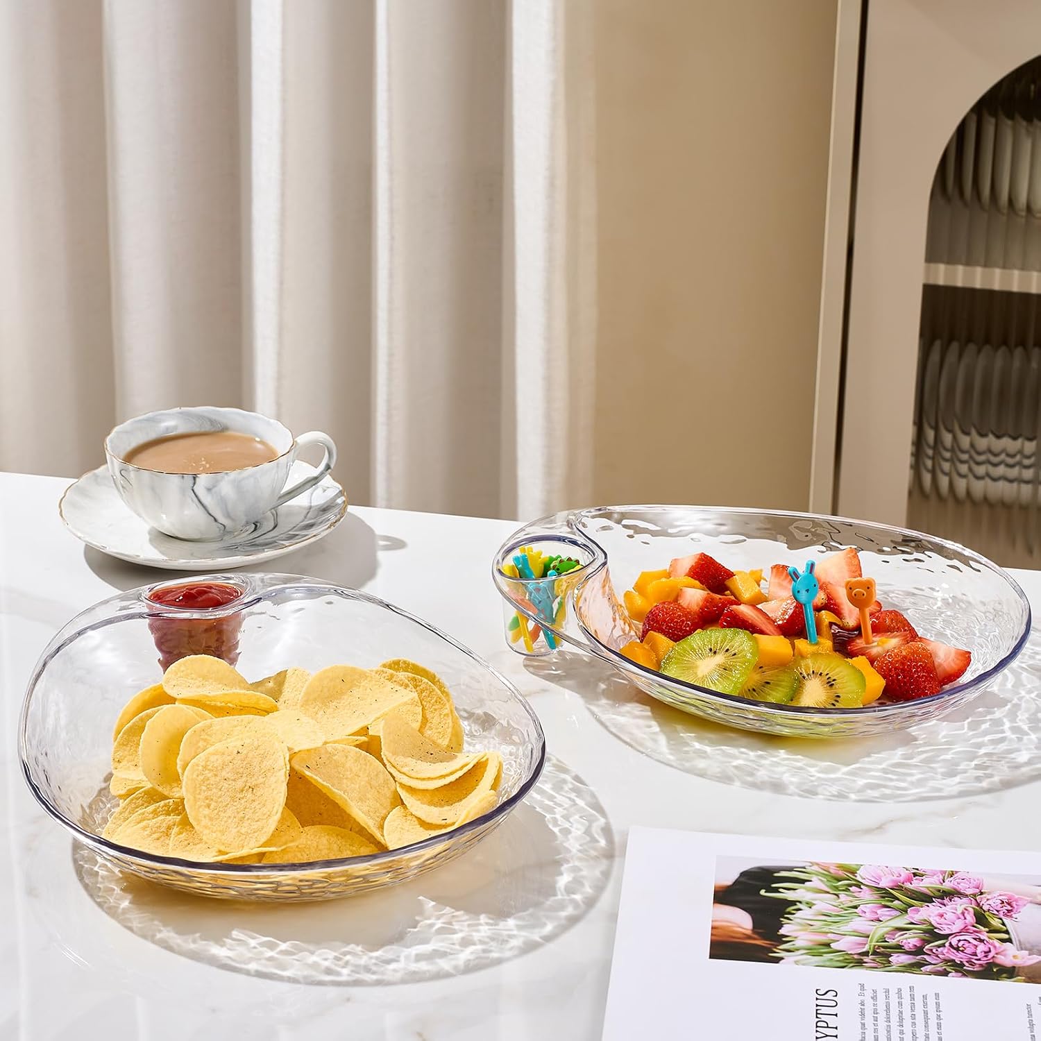 Clear Chip and Dip Serving Platter Set, 2 Pcs Fruit Plates Divided Party Trays 10'' x 8.7'' Snack Bowl Dishes, Wine Dine Appetizer Plates, Reusable BPA-free Plastic Dumpling Plate with Sauce Holder