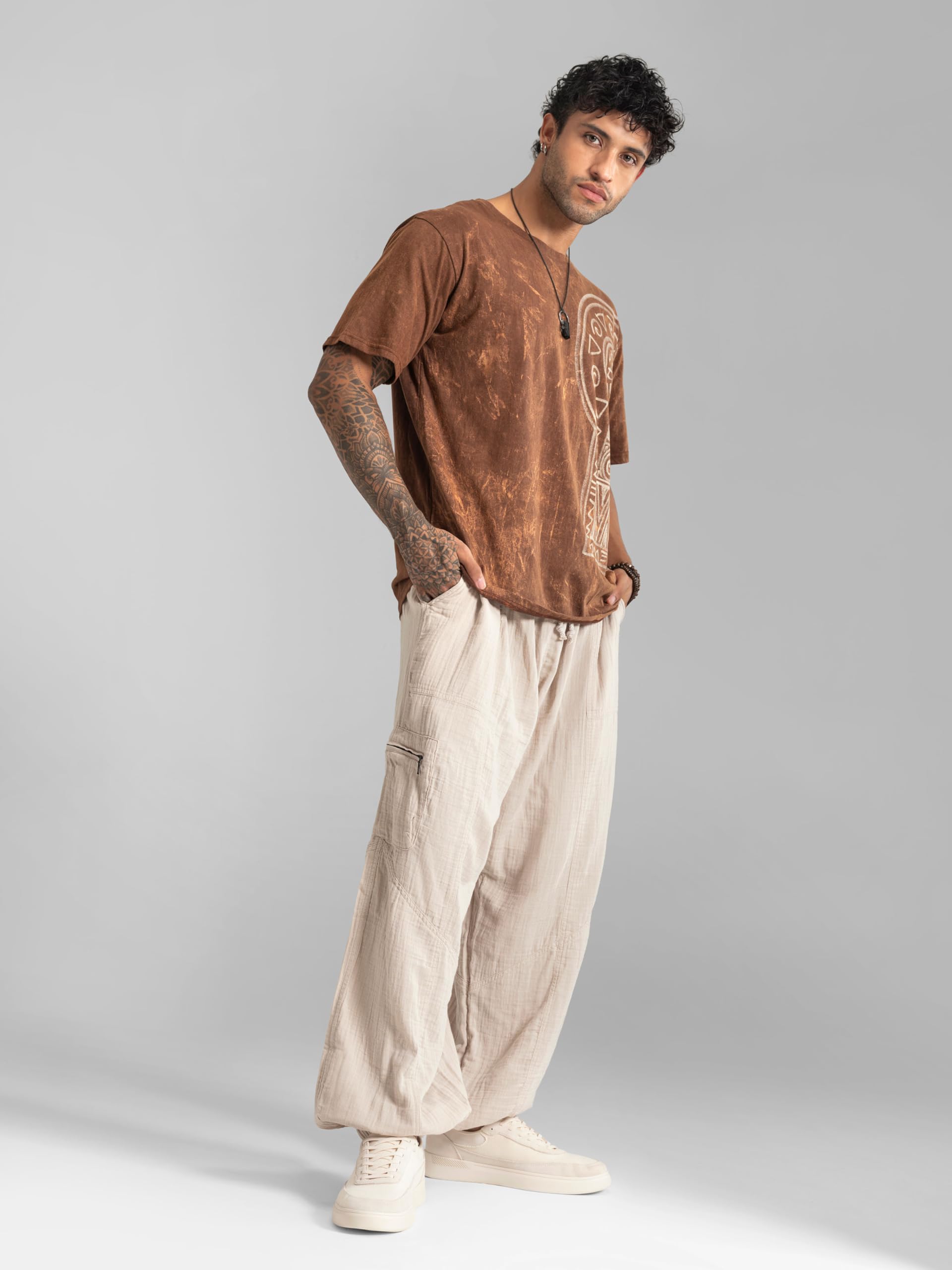 The Veshti Company Men’s Cotton Pants – Lightweight Boho Harem Drawstring Trousers – Soft Travel Yoga Pants – Offwhite - M 4