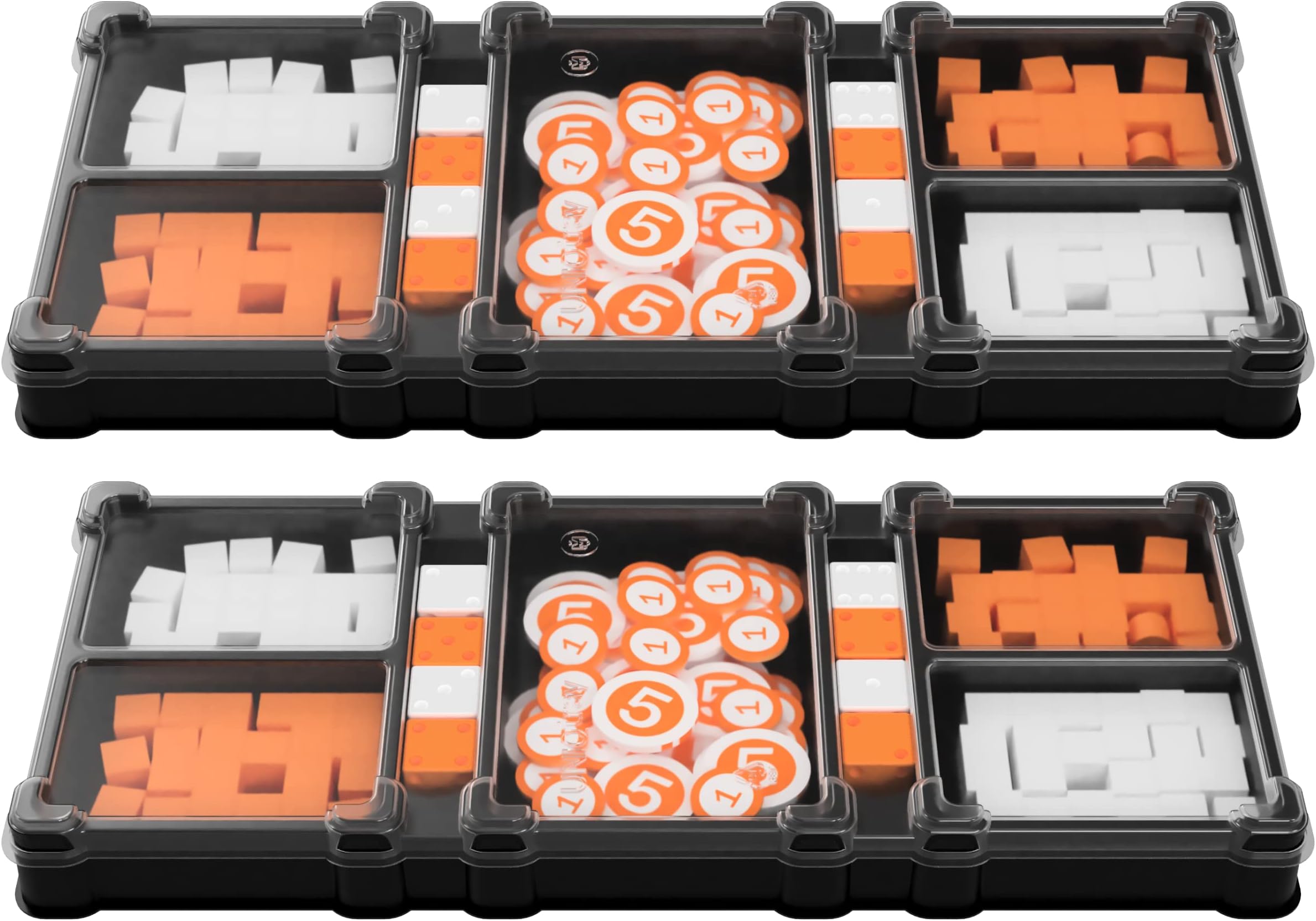 UniqTraySystem 2-Pack Organizer 7-Cell Box for Board Game Pieces, Meeples, Dice, Tokens (2 Black Trays with a Transparent Removable lid)