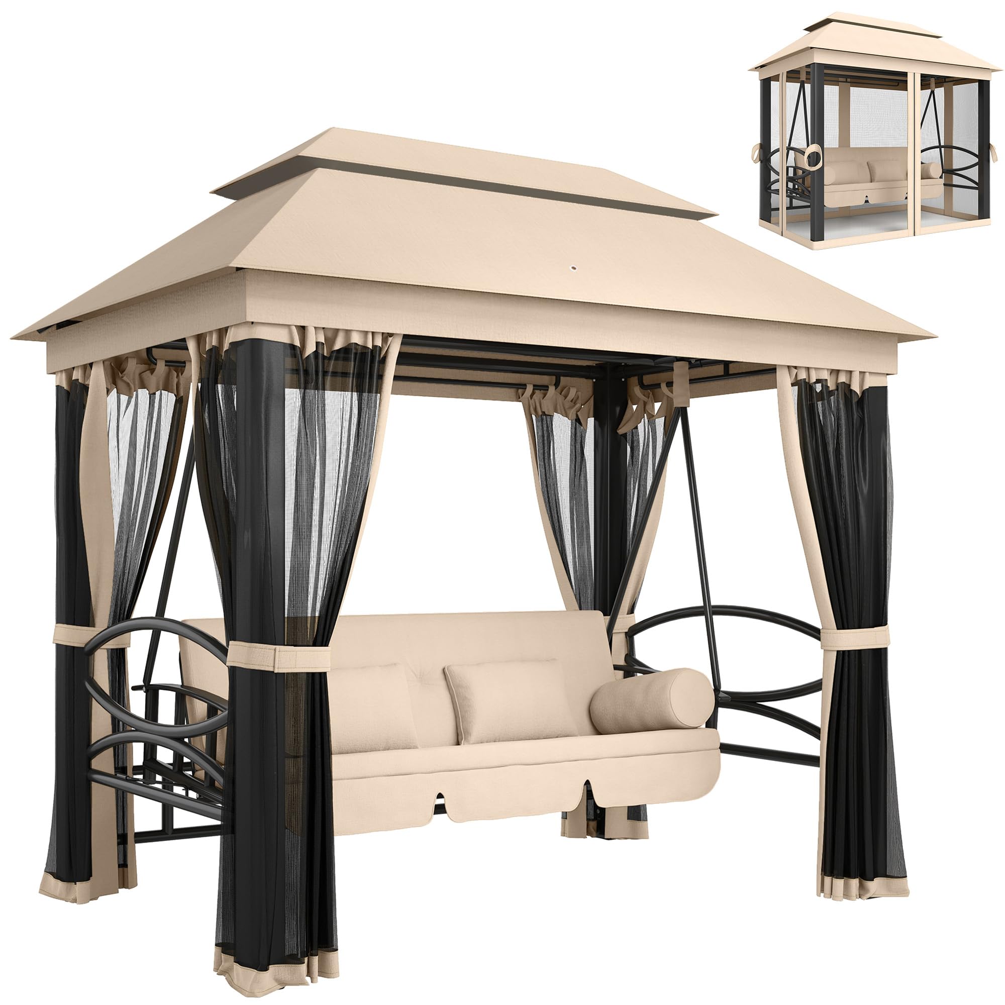 Outsunny Hollywoodschaukel Gartenschaukel Schaukel mit Seitenwänden 3-Sitzer Beige 256 x 172 x 248 cm