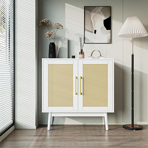 Miniatura 9 de JOZZBY Aparador de ratán, gabinete negro con puertas de ratán y estantes ajustables, armario decorativo para comedor, pasillo