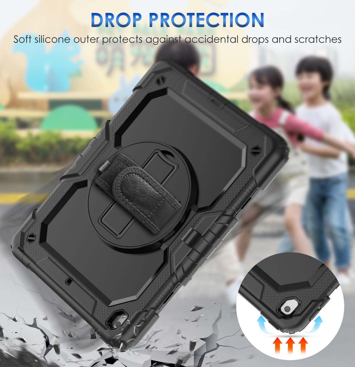 DAORANGE Custodia Cover per iPad 9a / 8a / 7a Generazione (iPad 10,2 Pollici 2021/2020/2019), Custodia Antiurto con Pellicola Protettiva, Supporto Girevole a 360°, Cinturino a Mano e Tracolla (Nero)