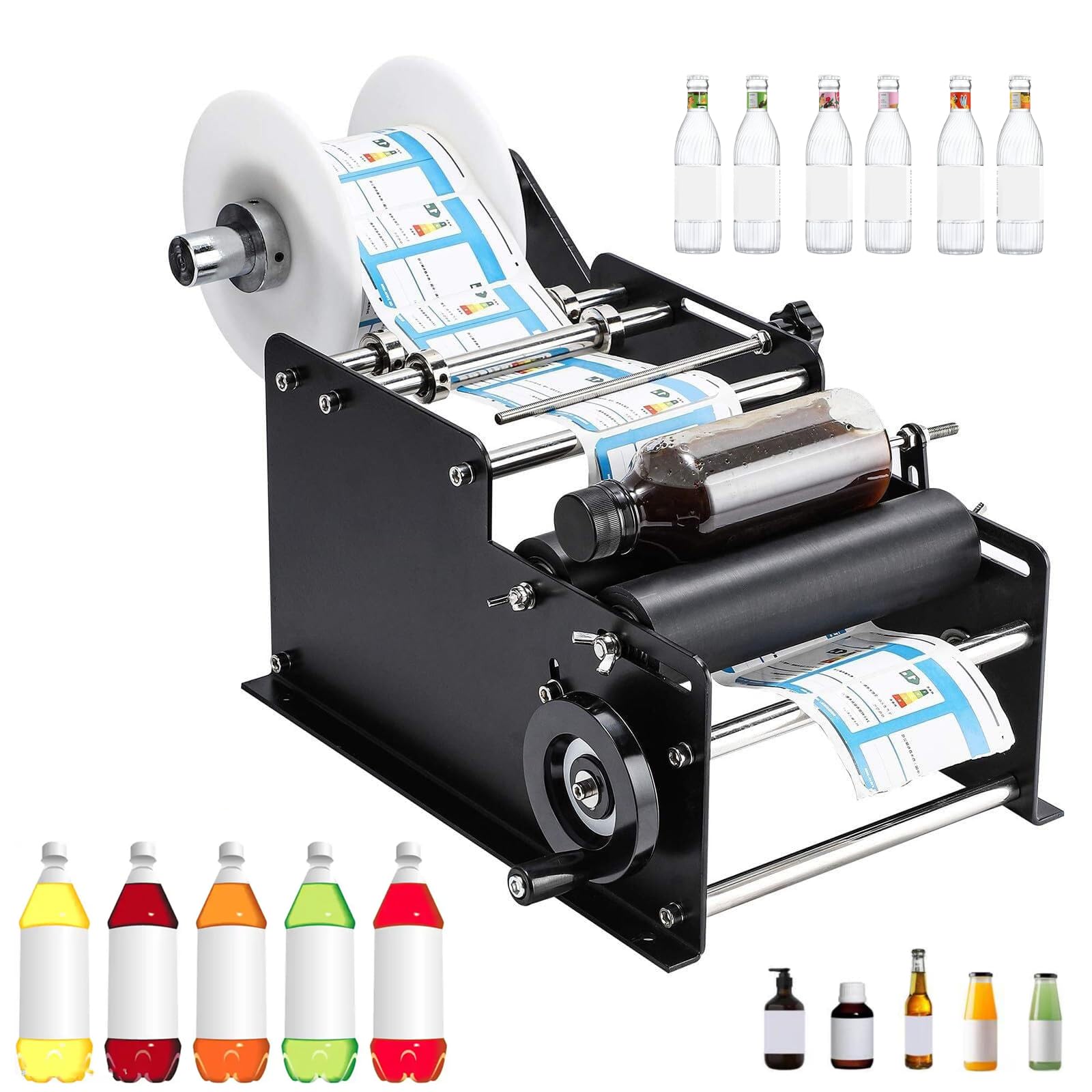 Etichettatrice manuale per bottiglie rotonde - Applicatore semiautomatico regolabile, velocità 30 etichette/min, compatibile con etichette larghe 10-110 mm e lunghe 10-300 mm