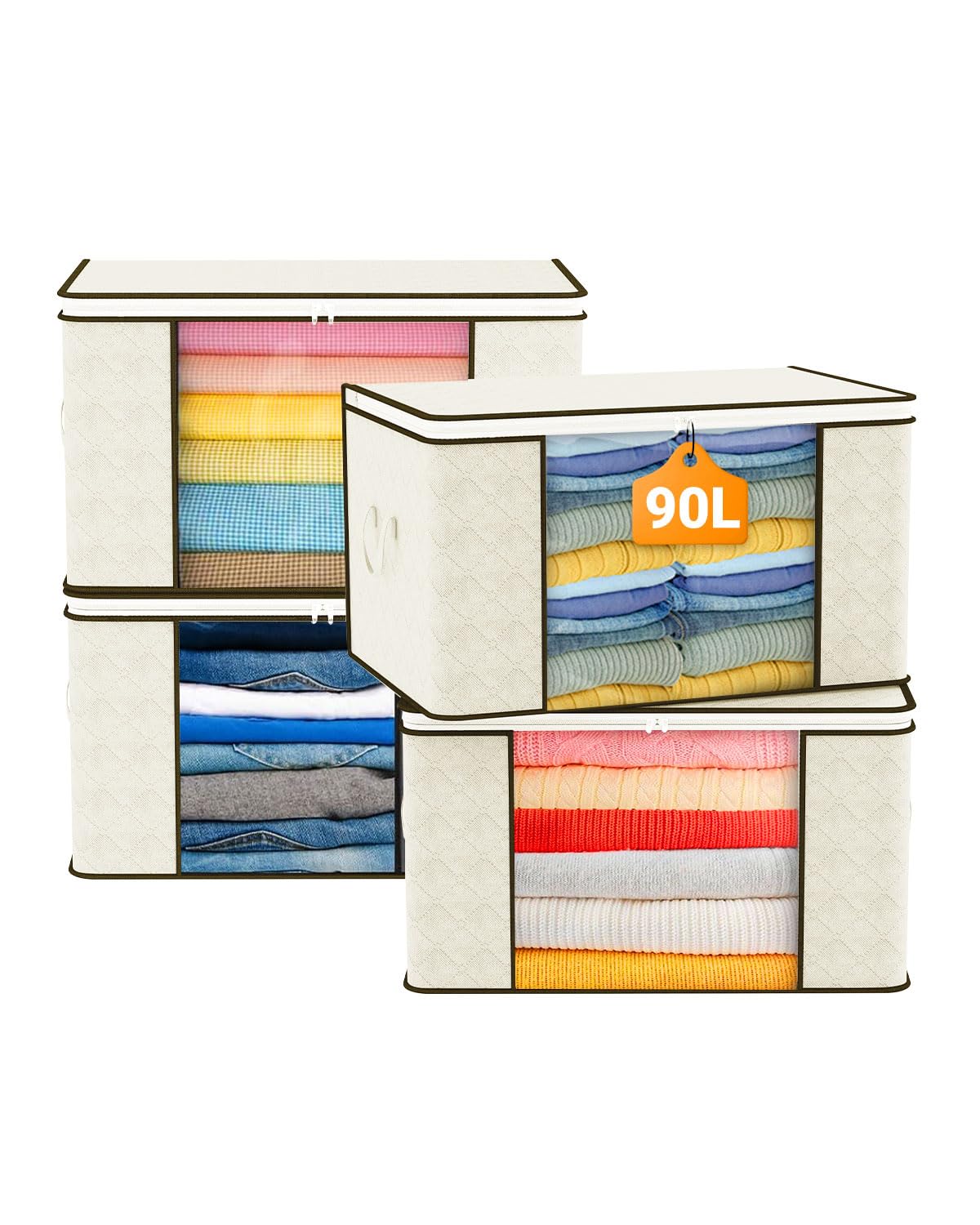 Kalahol Beige 90L Large Capacity Clothes Storage Bags With Zips, Storage Boxes With Lids, Foldable, Reinforced Handle, Thick Fabric, For Comforters, Clothes, Blankets, Bedding, 4 Pack,