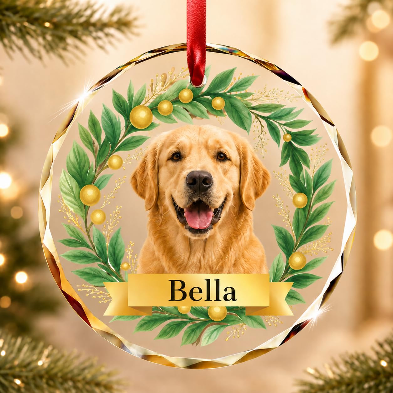 Bemaystar Personalised Pet Photo Christmas Ornament, Custom Crystal Glass Tree Decoration with Pet Name & Text, Dog Cat Christmas Keepsake Gift for Pet Lovers