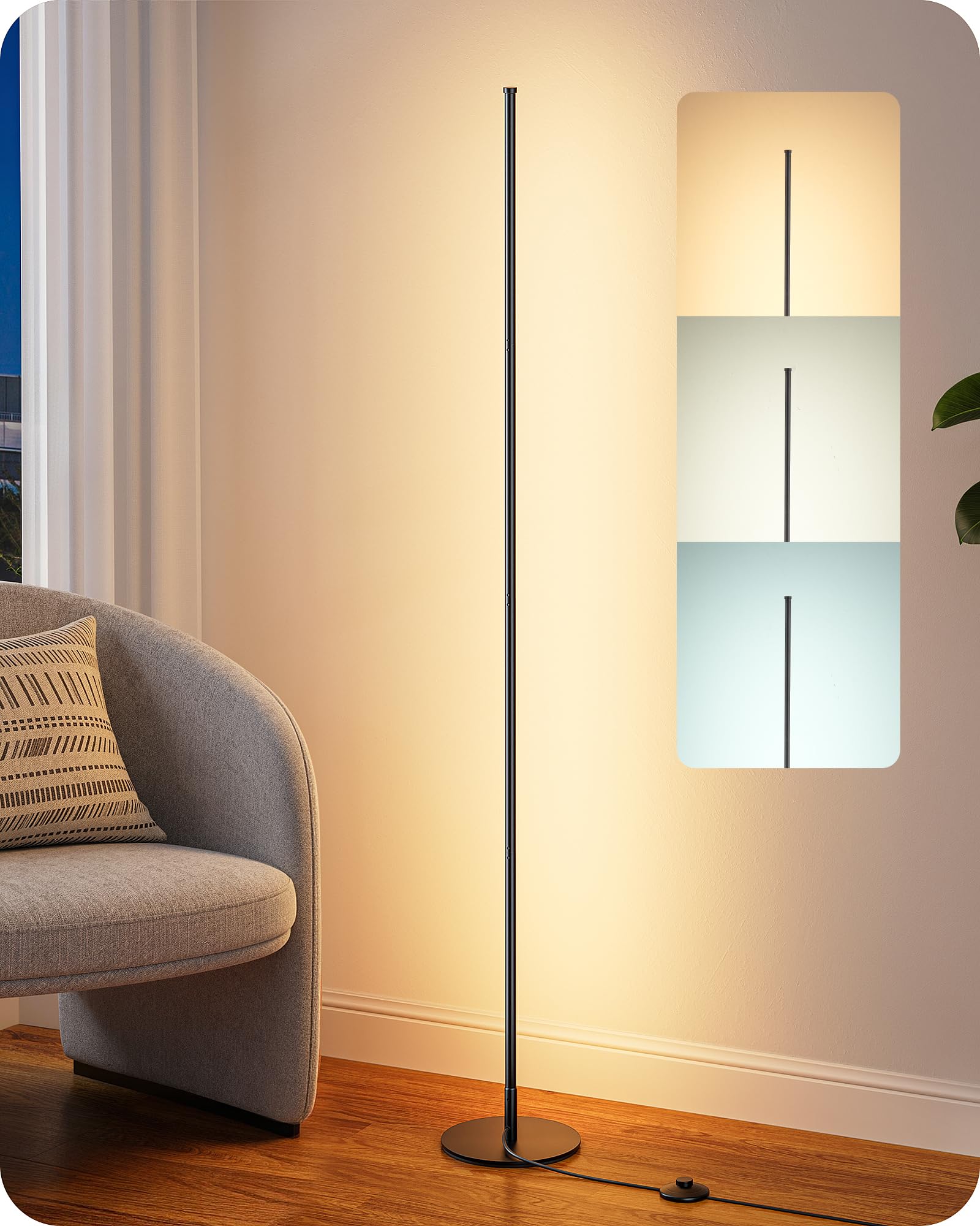 EDISHINE Stehlampe Wohnzimmer, LED Stehleuchte mit 3 Farbtemperaturen & stufenlos dimmbar, höhenverstellbar 152 cm, moderne Ecklampe für Schlafzimmer, Büro, Schwarz