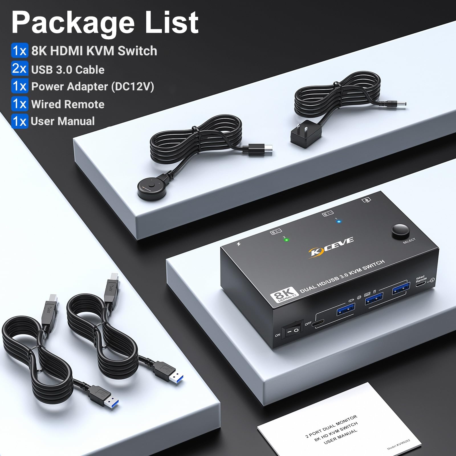 8K HDMI KVM Switch 2 computer 2 monitor 8K@60Hz, Switch KVM USB 3.0 Camgeet per 2 PC Condividi 2 monitor e 4 hub USB 3.0, con telecomando cablato, adattatore di alimentazione 12 V, cavo USB incluso