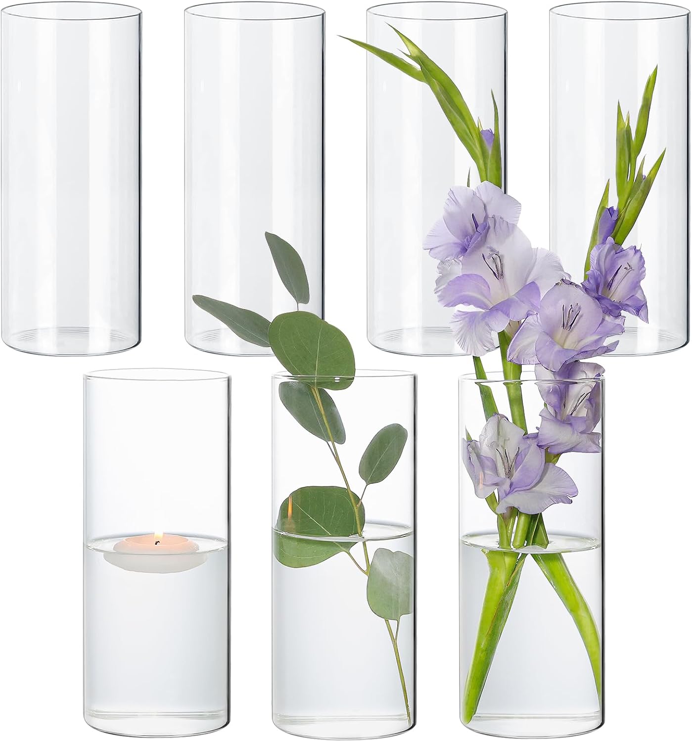 7Pcs Glass Cylinder Vase for Centerpieces Clear Glass Flower Vases Bulk, Glass Hurricane Candle Holder Tall 8 Inch Floral Vases for Table, Floating Candle Vases for Wedding Home Décor 8" Height