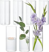 Vista 12 de Juego de 6 jarrones cilíndricos de vidrio para centros de mesa, jarrones de flores transparentes cortos de 5 pulgadas a granel, portavelas