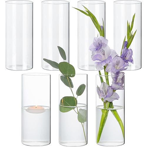 7Pcs Glass Cylinder Vase for Centerpieces Clear Glass Flower Vases Bulk, Glass Hurricane Candle Holder Tall 8 Inch Floral Vases for Table, Floating Candle Vases for Wedding Home Décor