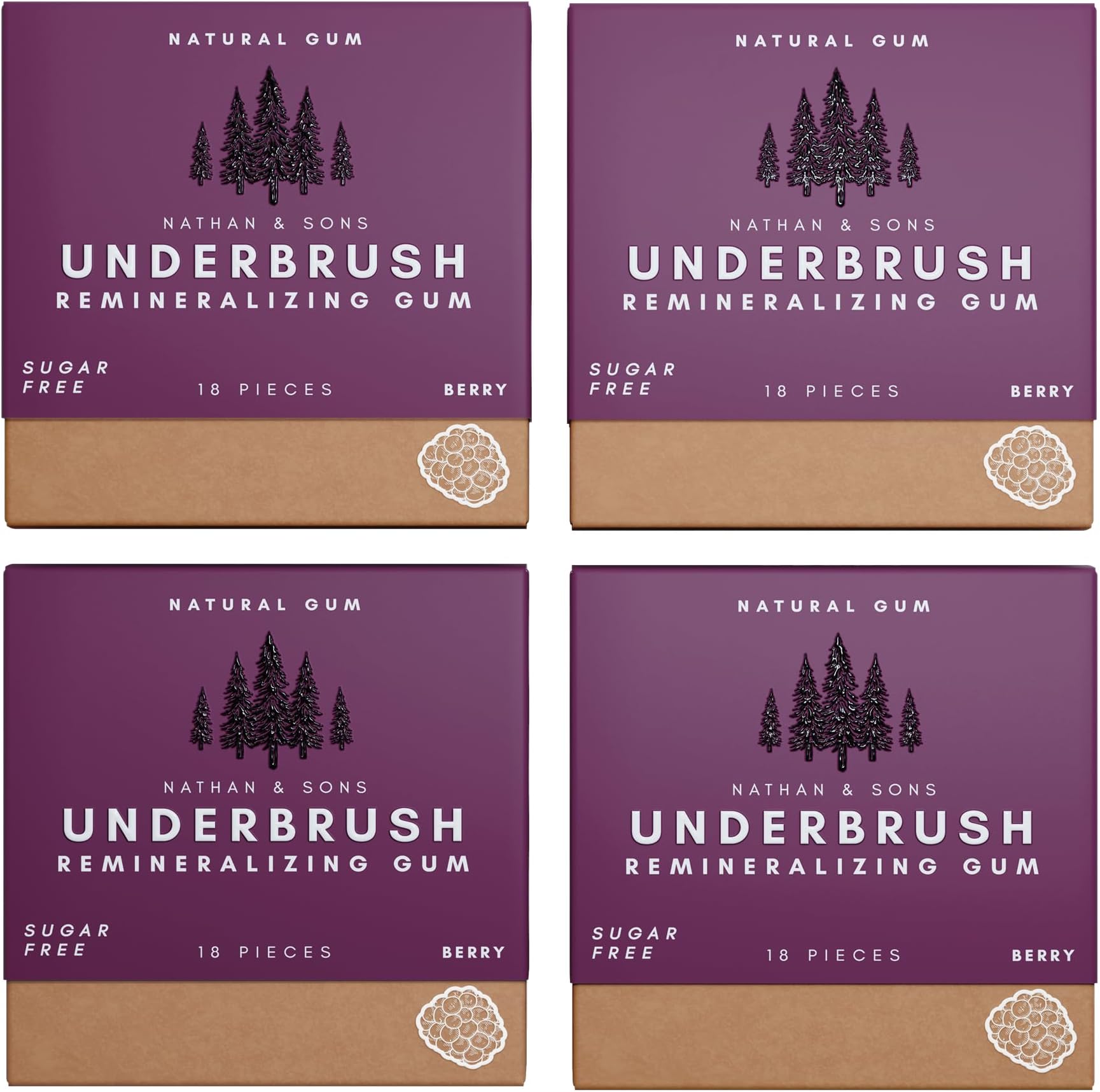 Underbrush Berry Remineralizing Natural Gum, Sugar Free Xylitol Gum with Hydroxyapatite, Supports Fresh Breath and Oral Health, Tree Sap Base, Gluten Free, No Sucralose or Aspartame, 4 Pack