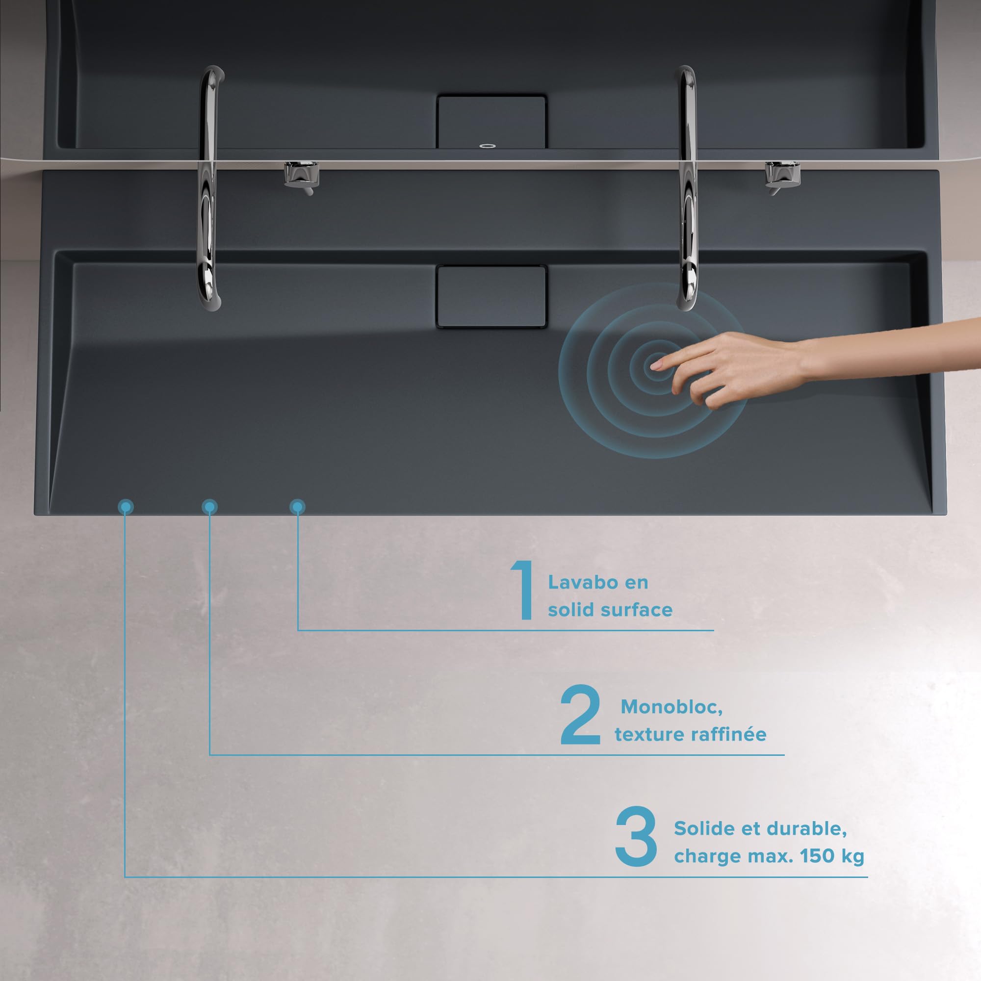 doporro Lavabo Suspendu avec Bonde Vasque à Poser Gris Noir Mat 120x46x11cm Lave Mains Rectangulaire sans Perçage de Robinet Colossum19 | Colossum19 Lavabo suspendu rectangulaire pour salle de bain avec vide, marbre fondu, revêtement nano