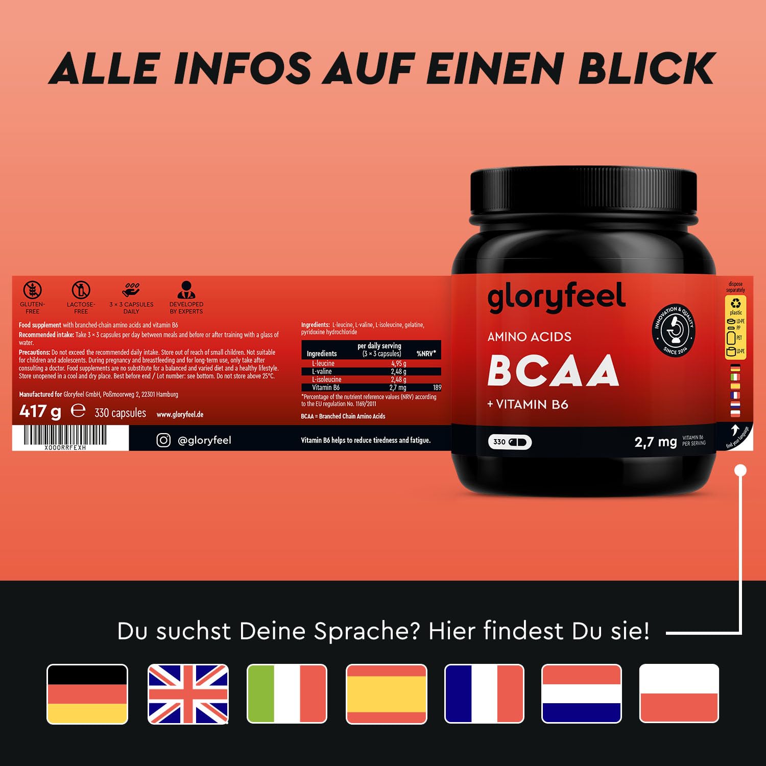 BCAA 330 Kapseln - Essentielle Aminosäuren Leucin, Valin und Isoleucin Plus Vitamin B6 - Laborgeprüft und ohne Zusätze in Deutschland hergestellt