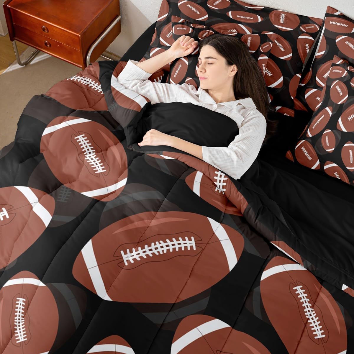 Erosebridal Football Full Comforter Set 7 Pieces Rugby Bed in A Bag for Bedroom Ball Games Gaming Sports Kids Boys Men Girls Bedding Set with Comforters, Sheets Competition Black Brown Room Decor