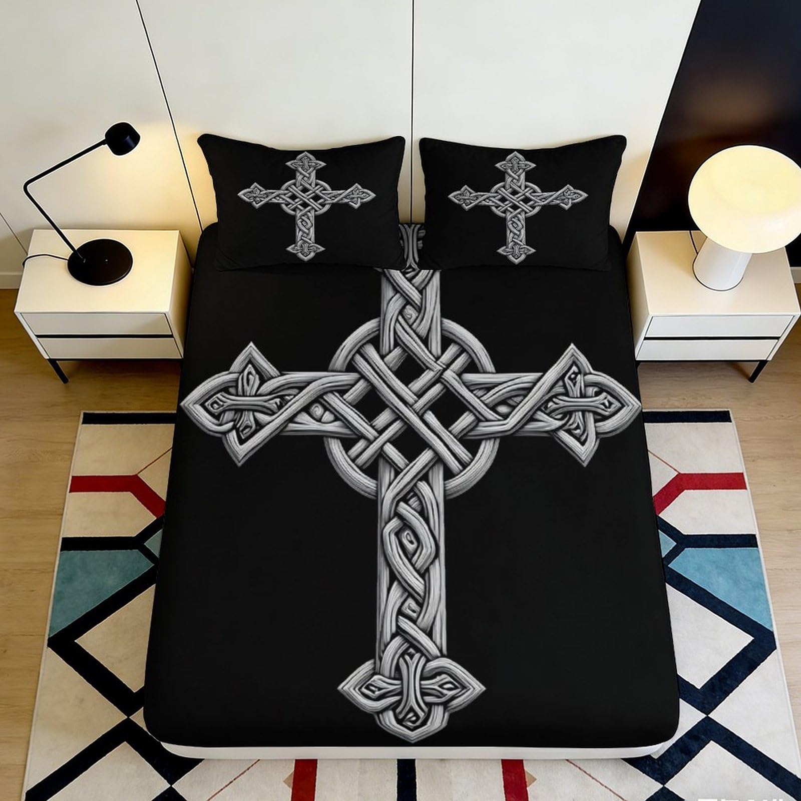 3D Printed Celtic Cross Fitted Sheet Microfiber Black Artistic Mattress Cover for Bedroom Guest Room Decor 90x200x25cm