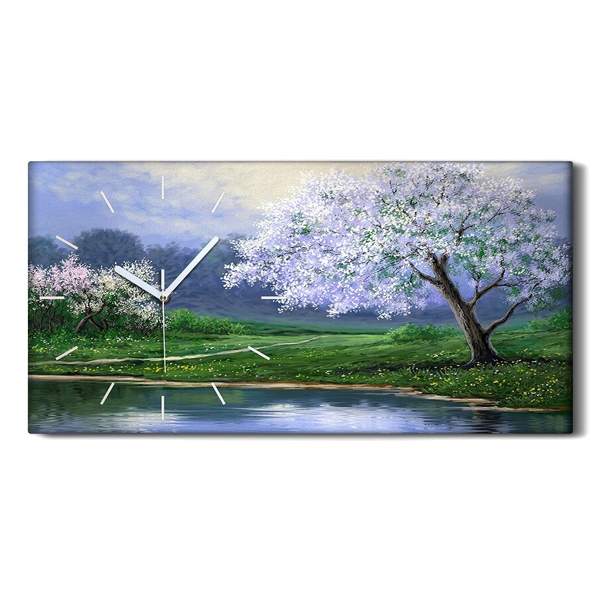 Horloge sur Toile 60x30cm Lac et Paysage avec Aiguilles Blanches