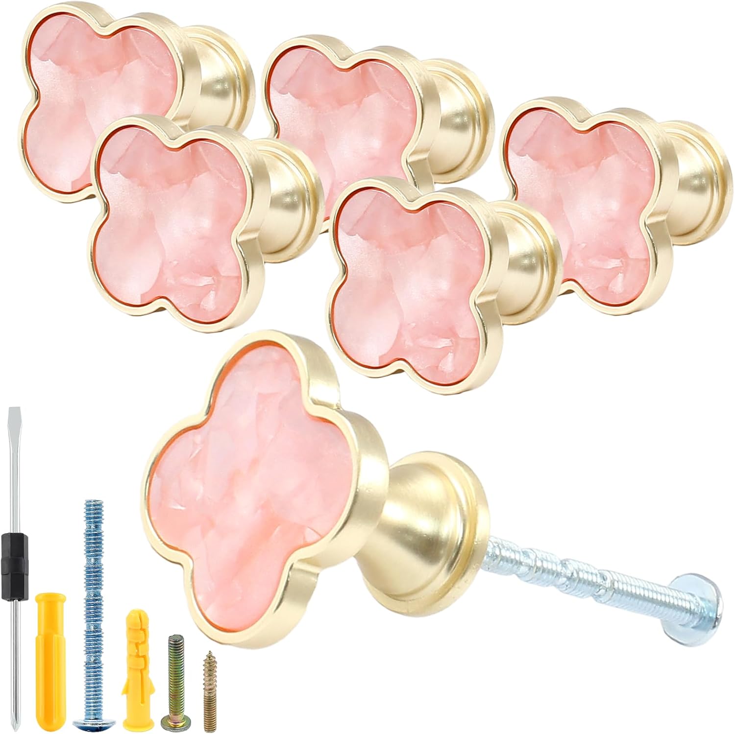 6 Pack Cabinet Knobs - Clover Decorative Drawer Knobs, Brushed Gold Kitchen Cabinet Pulls, Vanity Drawer Handles for Closet, Cupboard, Pantry (Pink)
