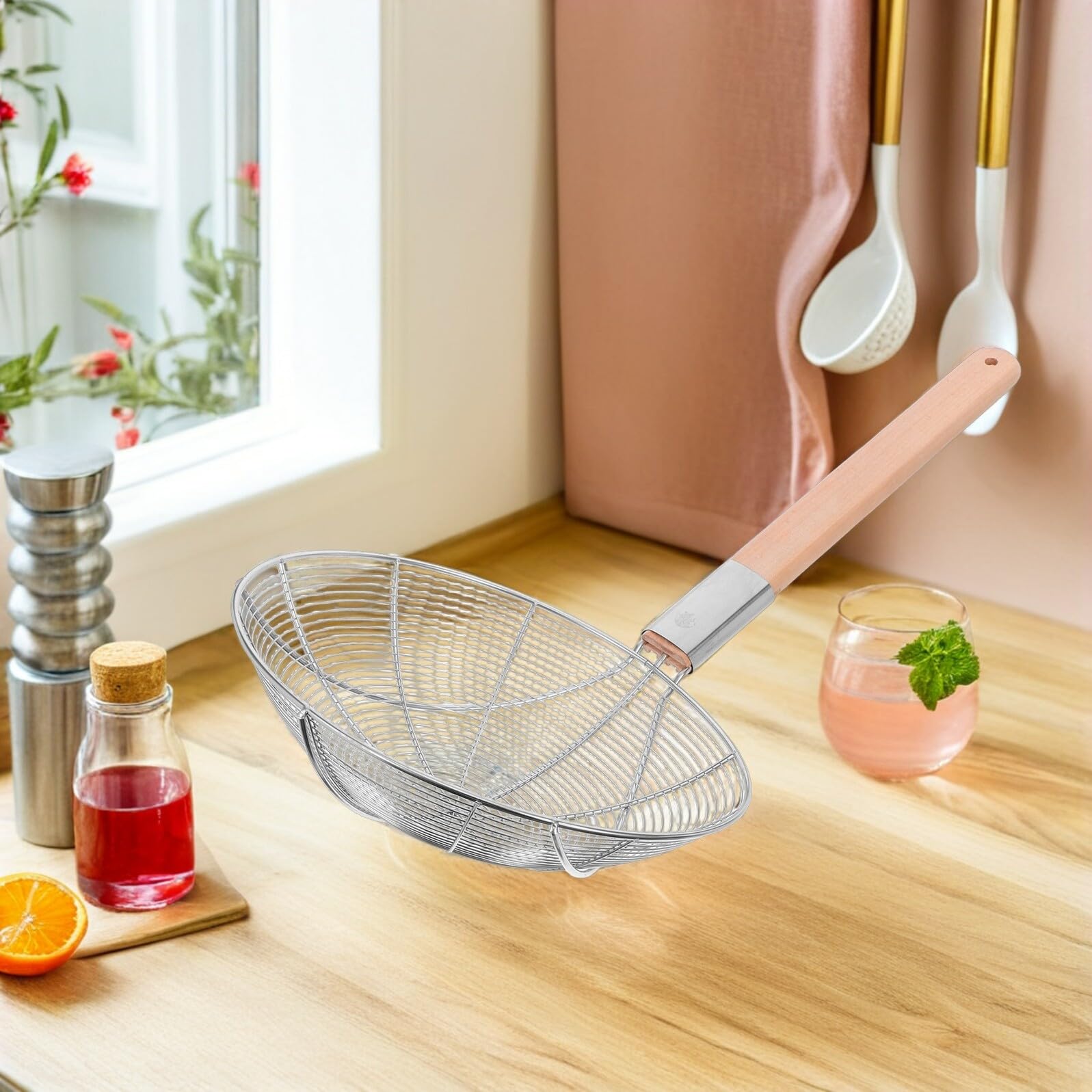 Alipis Passoire à Écumoire Araignée en Acier Inoxydable Manche en Bois, Grosse Louche Filtre Fine Cuisine Professionnelle et Friture