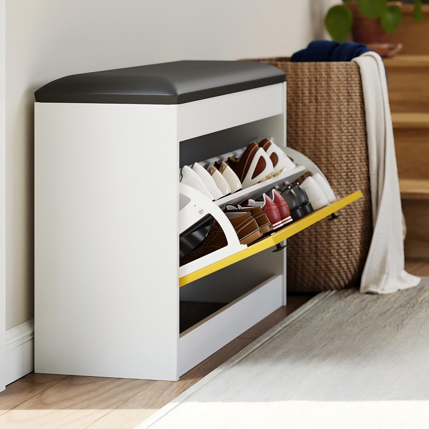 TrailBlaze 31.5'' Shoe Storage Bench, Modern White Shoe Organizer Bench with Flip Drawer & PU Cushion, Modern Entryway Shoe Cabinet for Hallway, Bedroom, Living Room