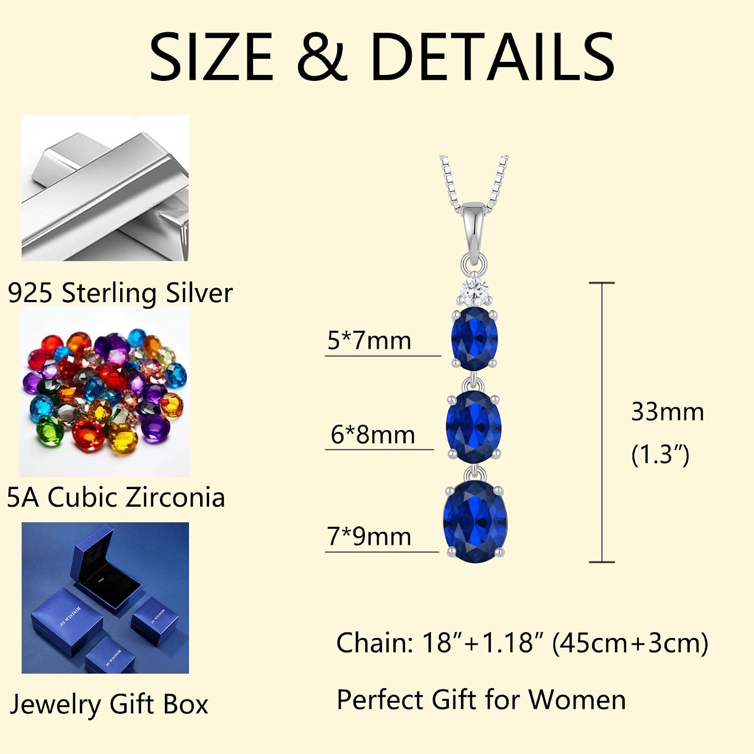 Created Sapphire September Birthstone Jewelry Set 3 stone Long Blue Drop Earrings Necklace Set