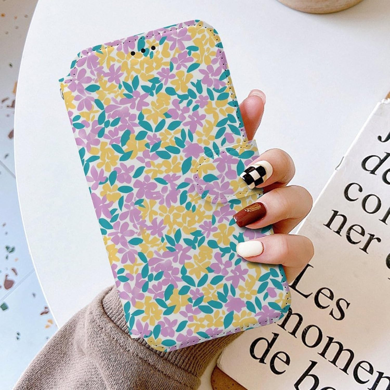 Vintage Cute Pastel Floral Compatible with iPhone 16/16 Plus/16 Pro/16 Pro Max/16 E Case Phone Wallet Card Holder Flip Cover with Wrist Strap