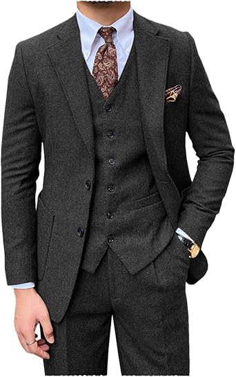 Mens 3 Piece Wool Tweed Herringbone Mens Suits Two Button Wedding Business Tuxedo Solid Blazer Jacket Vest Pants