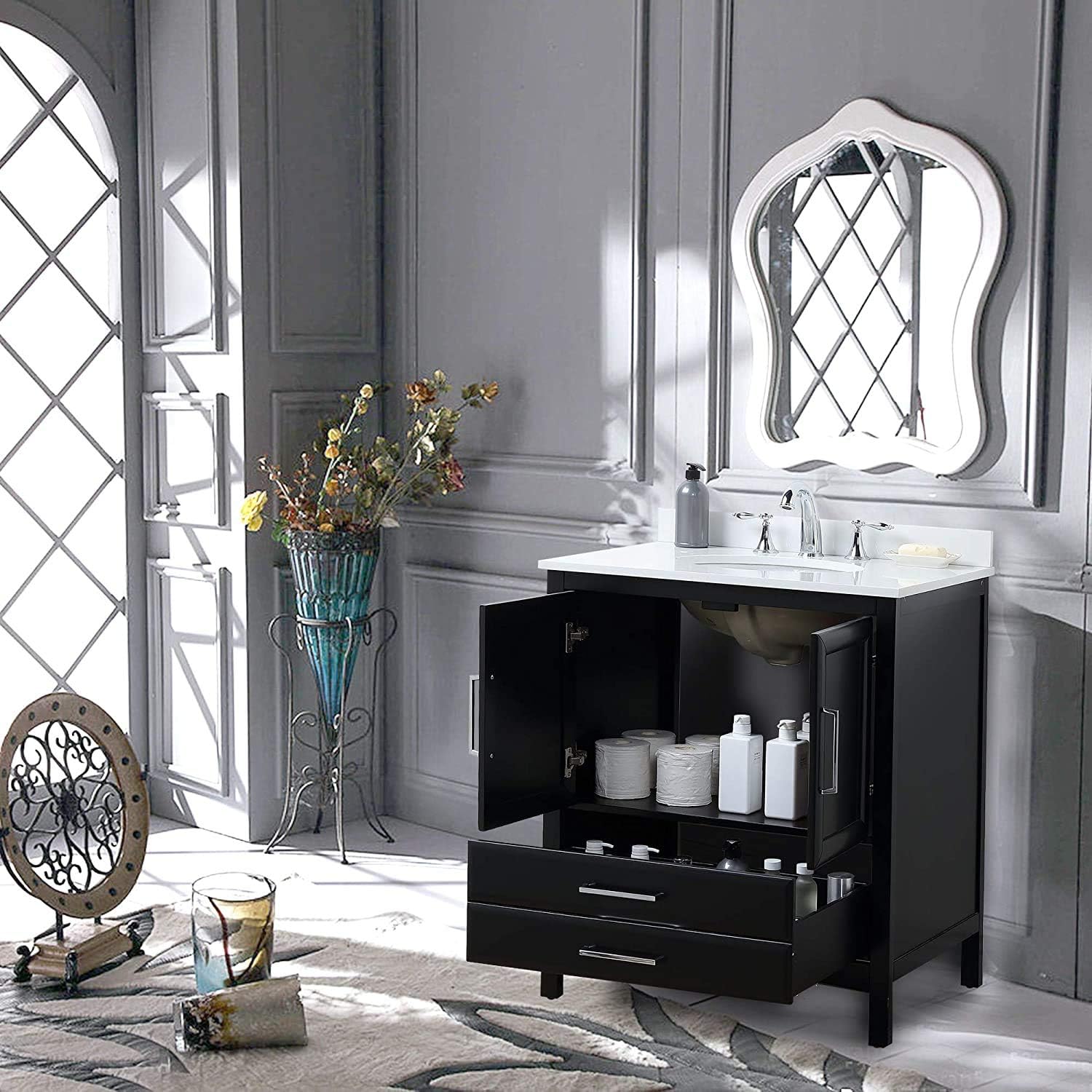 Vanity Art 30 Inches Single Sink Bathroom Vanity Cabinet Soft-Clothing Doors 1 Shelf 2 Drawers Slim and Modern with White Cultured Marble Top VA3230E