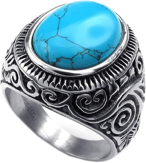 Peora Vintage Turquoise Biker Stainless Steel Ring for Men - Valentines Gift for Him